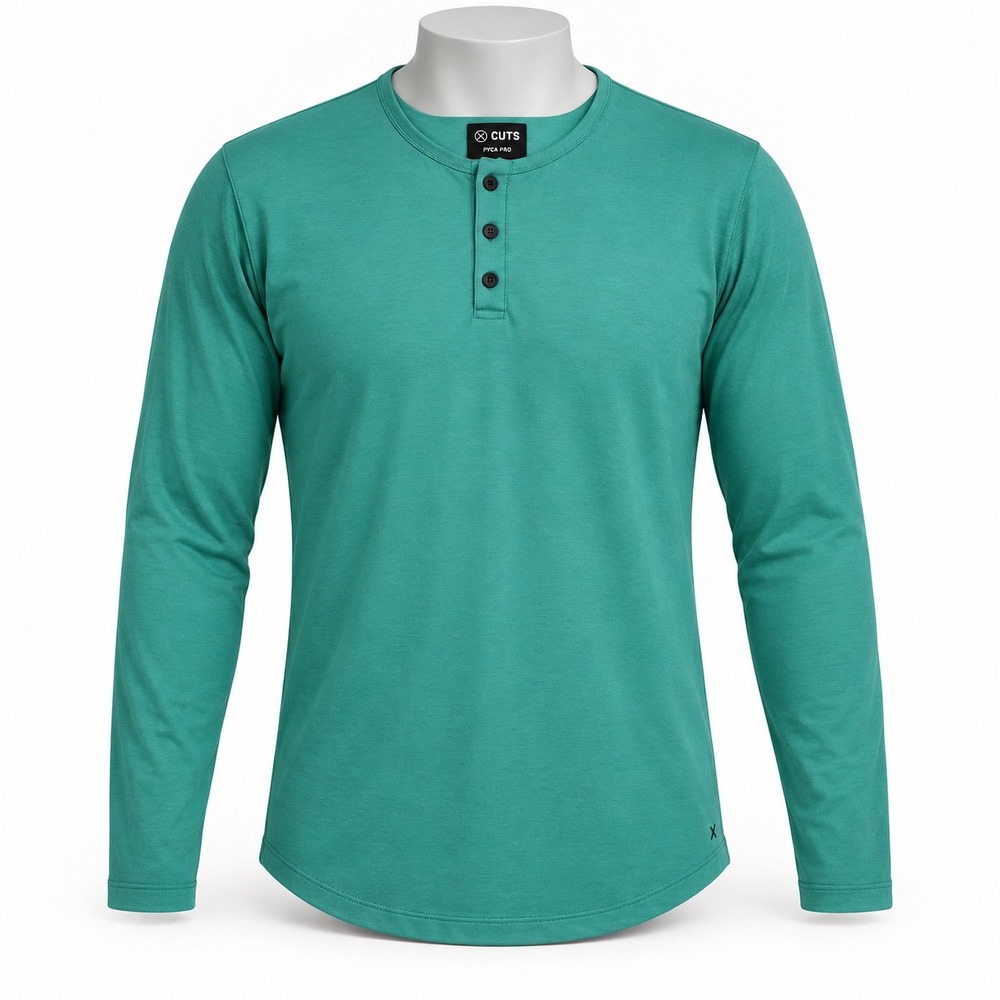 Cuts Henley Shirt Mens Small Green Curve-Hem PYCA Pro Long Sleeve Casual Basic